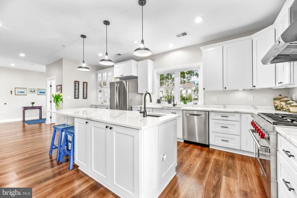 Interior, Kitchen, Pendant Lights, Recessed Lighting, Stainless Steel Appliances, Wood Texture Flooring