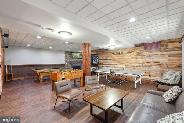 Billiard Table, Game Room, Interior, Recessed Lighting, Stone Walls, Wood Texture Flooring, Wooden Walls