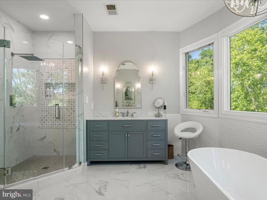 Bathroom, Free Standing Baths, Glass Shower, Interior, Marble, Marble Walls, Recessed Lighting