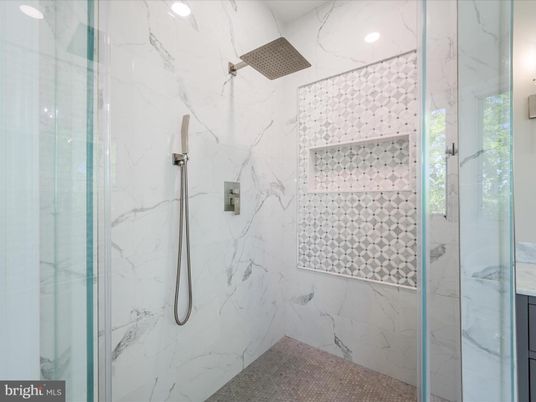 Bathroom, Glass Shower, Interior, Marble Walls, Recessed Lighting