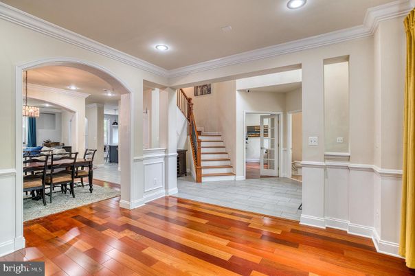 Dining room, Interior, Pendant Lights, Recessed Lighting, Wood Texture Flooring
