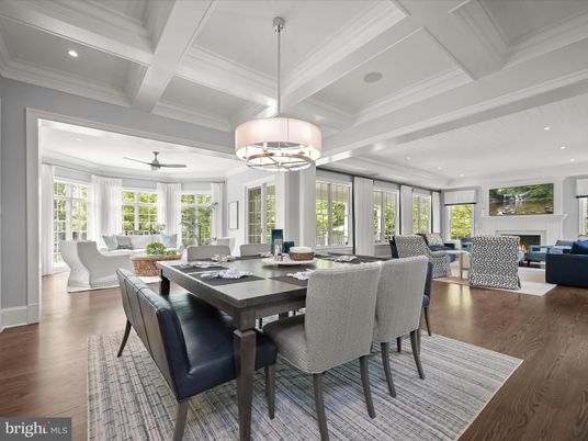 Chandelier, Dining room, Fireplace, Interior, Living room, Pendant Lights, Recessed Lighting, Wood Texture Flooring