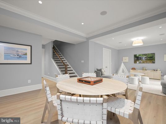 Dining room, Interior, Living room, Recessed Lighting, Wood Texture Flooring