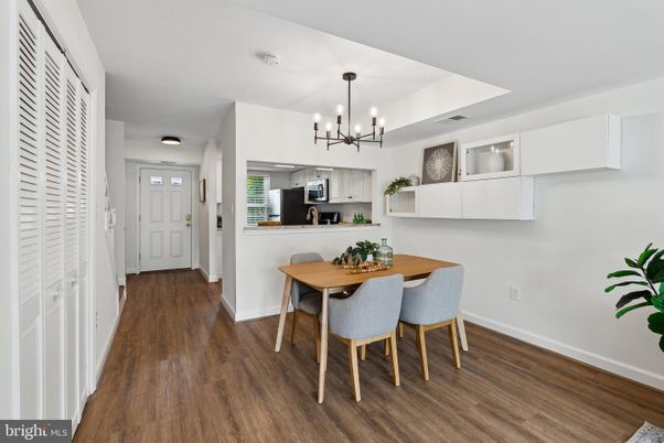 Dining room, Interior, Kitchen, Pendant Lights, Stainless Steel Appliances, Wood Texture Flooring