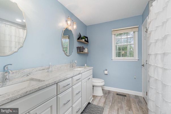 Bathroom, Dual Sink Vanities, Interior, Recessed Lighting, Wood Texture Flooring