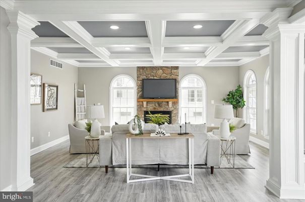 Fireplace, Interior, Living room, Recessed Lighting, Wood Texture Flooring