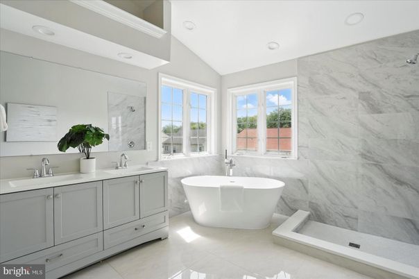 Bathroom, Dual Sink Vanities, Free Standing Baths, Interior, Marble Walls, Recessed Lighting