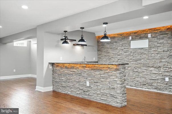 Interior, Pendant Lights, Recessed Lighting, Stone Walls, Wood Texture Flooring