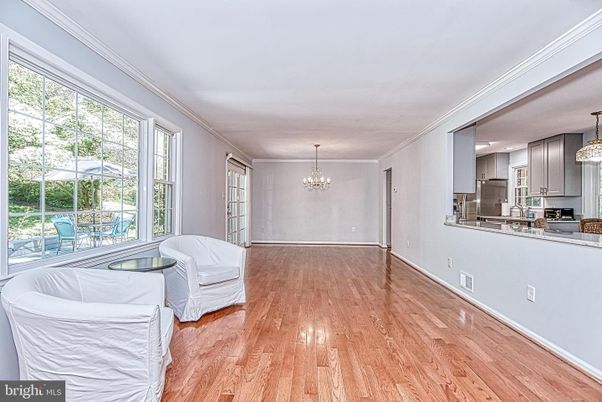 Chandelier, Empty room, Interior, Kitchen, Stainless Steel Appliances, Wood Texture Flooring