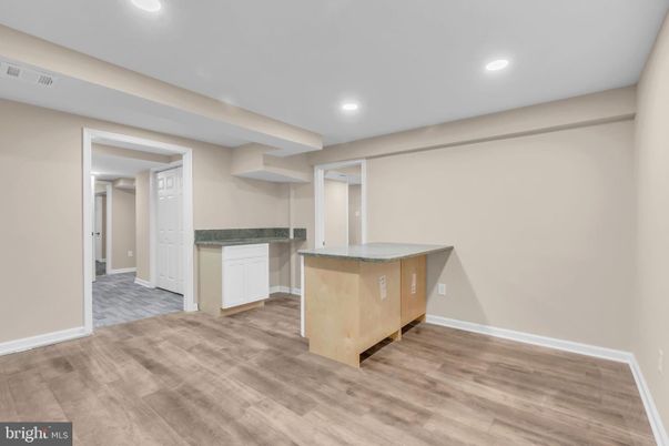 Empty room, Interior, Kitchen, Recessed Lighting, Wood Texture Flooring