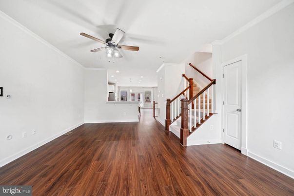 Empty room, Interior, Kitchen, Pendant Lights, Recessed Lighting, Wood Texture Flooring