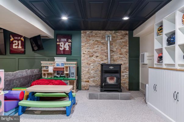 Fireplace, Interior, Recessed Lighting, Stone Walls