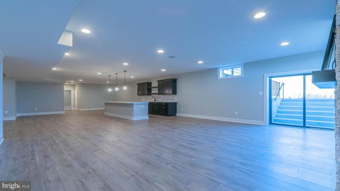Empty room, Interior, Kitchen, Pendant Lights, Recessed Lighting, Wood Texture Flooring