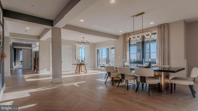 Chandelier, Dining room, Interior, Pendant Lights, Recessed Lighting, Wood Texture Flooring