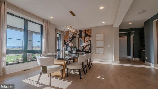 Chandelier, Dining room, Interior, Pendant Lights, Recessed Lighting, Wood Texture Flooring