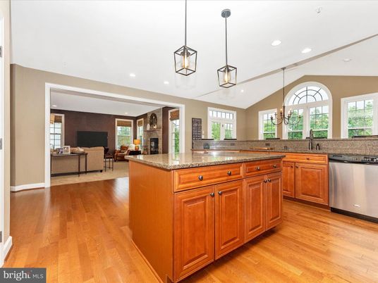 Fireplace, Interior, Kitchen, Living room, Pendant Lights, Recessed Lighting, Wood Texture Flooring