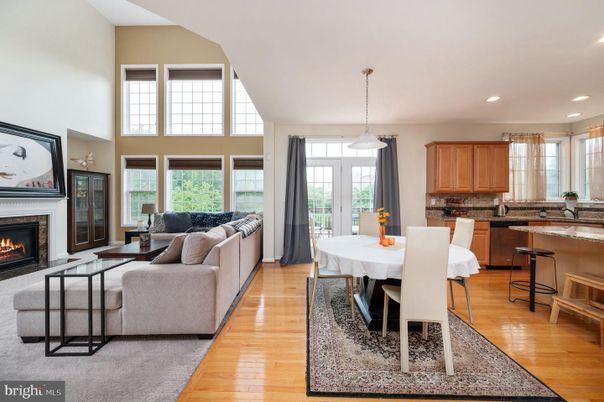 Dining room, Fireplace, Interior, Kitchen, Living room, Pendant Lights, Recessed Lighting, Wood Texture Flooring