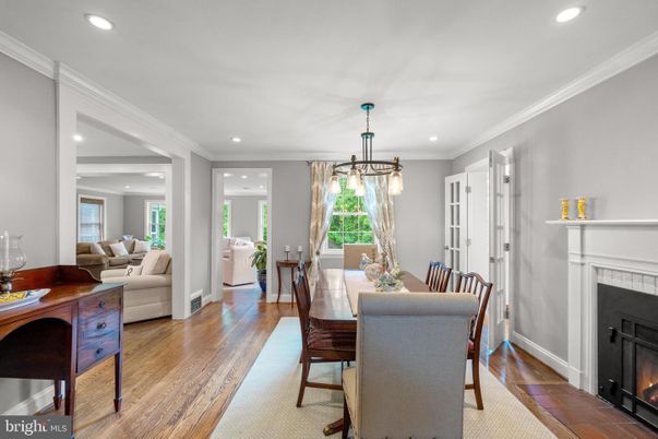 Dining room, Fireplace, Interior, Living room, Pendant Lights, Recessed Lighting, Wood Texture Flooring