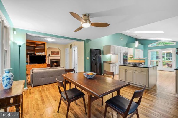 Dining room, Fireplace, Interior, Kitchen, Living room, Pendant Lights, Wood Texture Flooring