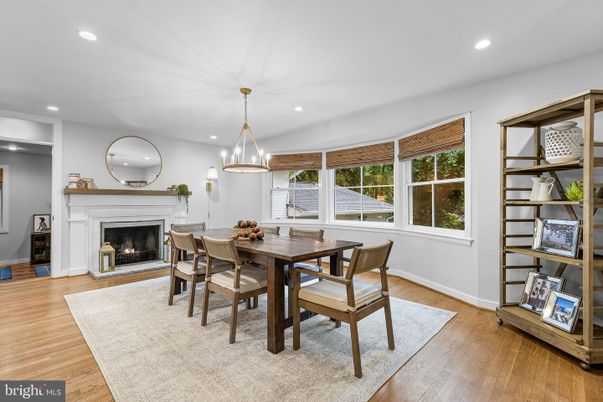 Dining room, Fireplace, Interior, Pendant Lights, Recessed Lighting, Wood Texture Flooring