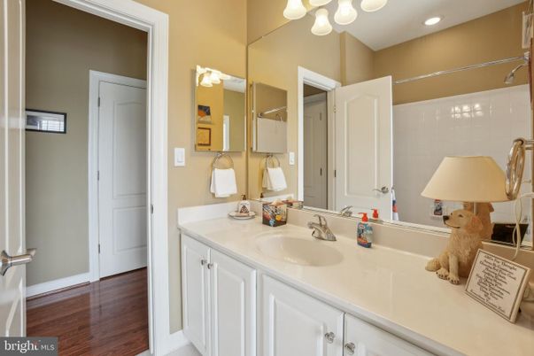 Bathroom, Dual Sink Vanities, Interior, Recessed Lighting, Wood Texture Flooring