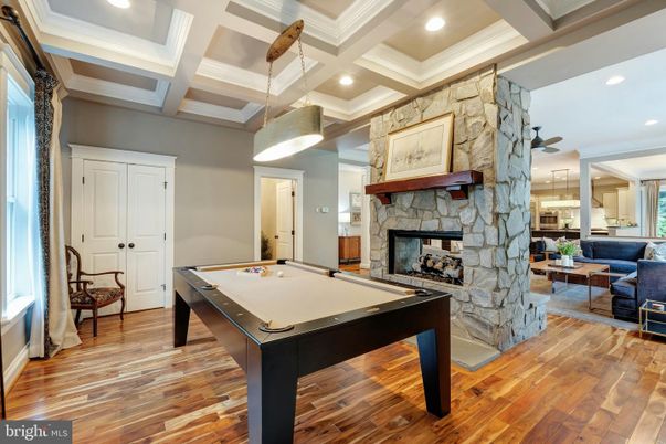 Billiard Table, Fireplace, Game Room, Interior, Pendant Lights, Recessed Lighting, Wood Texture Flooring