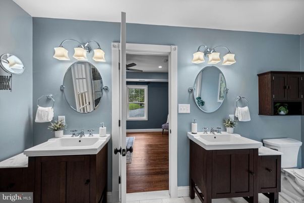 Bathroom, Dual Sink Vanities, Interior, Wood Texture Flooring