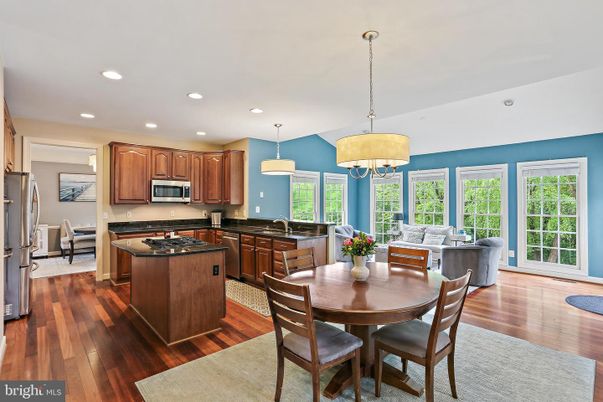 Dining room, Interior, Kitchen, Living room, Pendant Lights, Recessed Lighting, Stainless Steel Appliances, Wood Texture Flooring