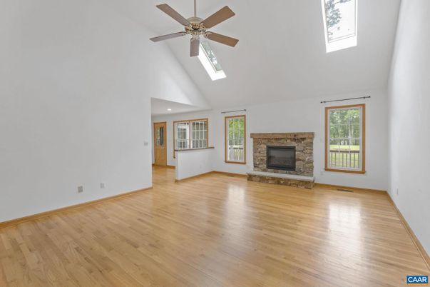 Empty room, Fireplace, Interior, Recessed Lighting, Wood Texture Flooring