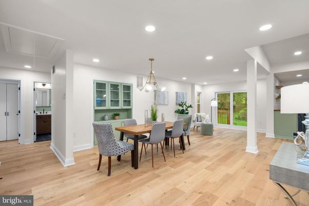 Dining room, Interior, Pendant Lights, Recessed Lighting, Wood Texture Flooring