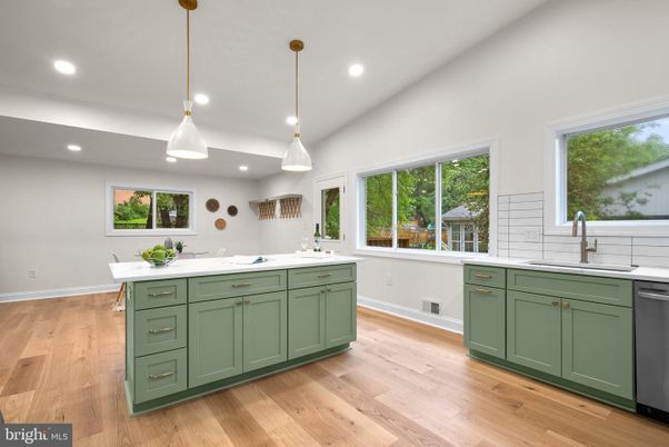 Interior, Kitchen, Pendant Lights, Recessed Lighting, Wood Texture Flooring