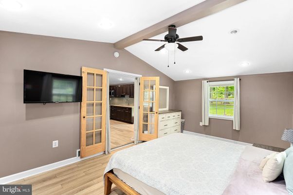 Bedroom, Interior, Recessed Lighting, Wooden Beams, Wood Texture Flooring