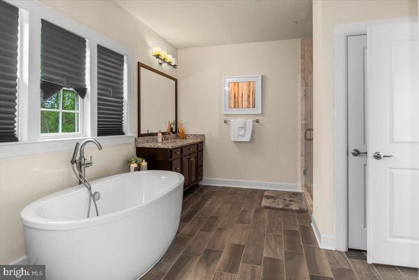 Bathroom, Dual Sink Vanities, Free Standing Baths, Interior, Wood Texture Flooring
