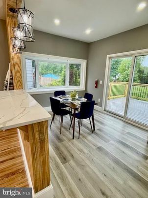 Dining room, Interior, Pendant Lights, Recessed Lighting, Wood Texture Flooring