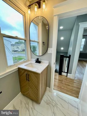 Bathroom, Interior, Marble, Recessed Lighting, Wood Texture Flooring