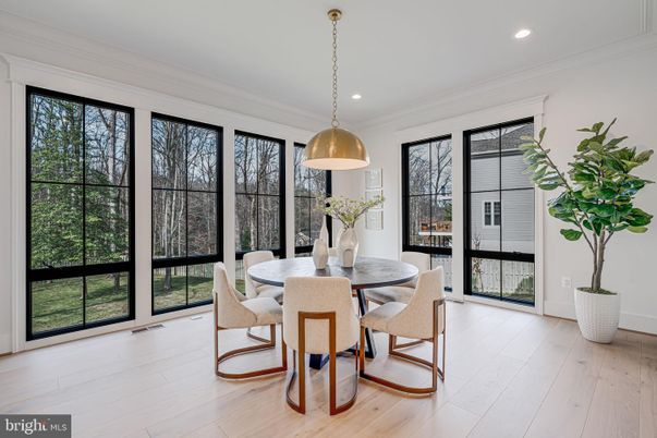 Dining room, Interior, Pendant Lights, Recessed Lighting, Wood Texture Flooring