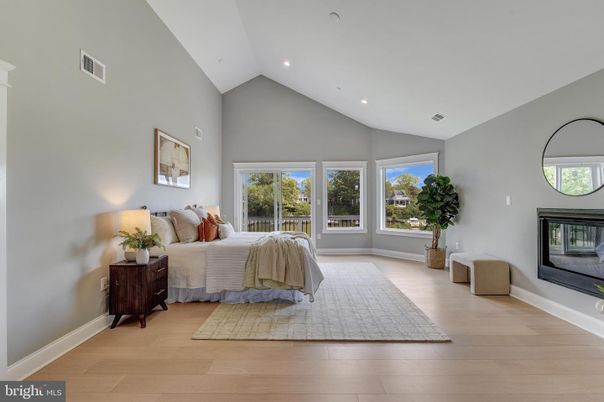 Bedroom, Fireplace, Interior, Recessed Lighting, Wood Texture Flooring