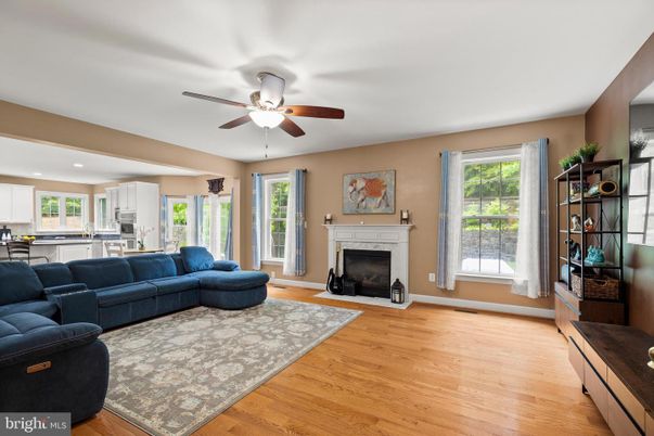 Fireplace, Interior, Kitchen, Living room, Recessed Lighting, Wood Texture Flooring