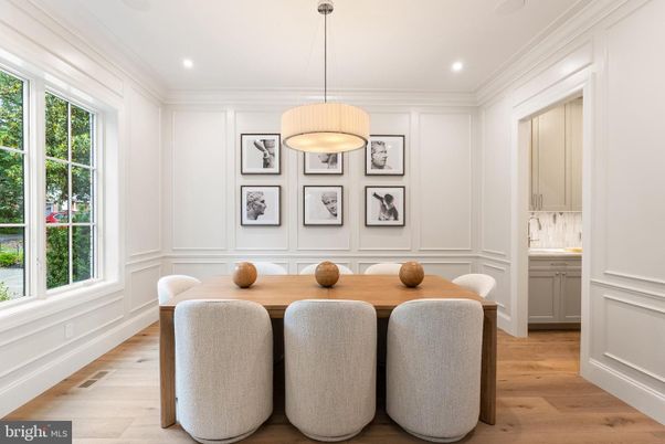 Dining room, Interior, Pendant Lights, Recessed Lighting, Wood Texture Flooring