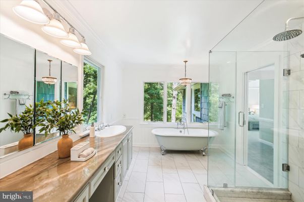 Bathroom, Dual Sink Vanities, Free Standing Baths, Glass Shower, Interior, Marble