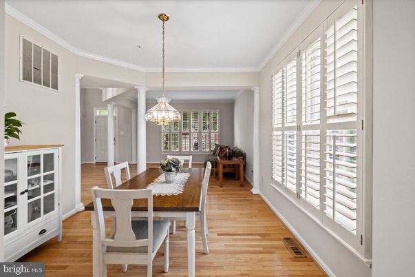 Dining room, Interior, Pendant Lights, Wood Texture Flooring