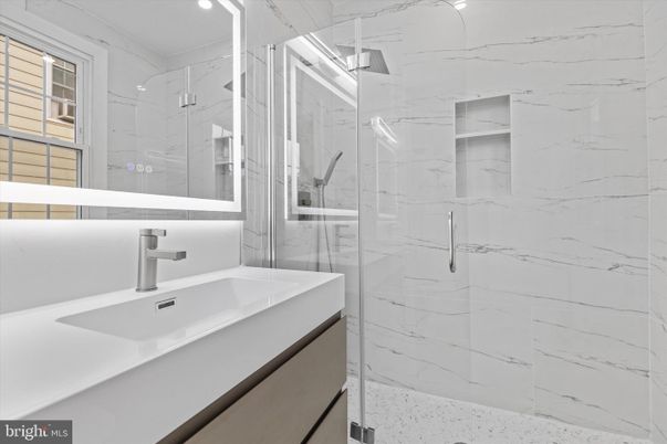 Bathroom, Glass Shower, Interior, Marble Walls, Recessed Lighting