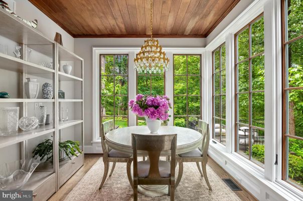 Chandelier, Dining room, Interior, Sun Room, Wooden Ceilings, Wood Texture Flooring