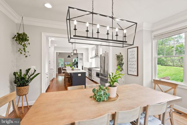 Dining room, Interior, Kitchen, Pendant Lights, Recessed Lighting, Stainless Steel Appliances, Wood Texture Flooring