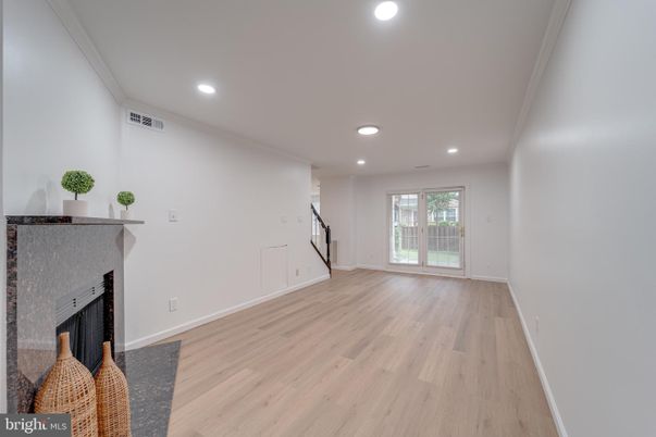 Empty room, Fireplace, Interior, Recessed Lighting, Wood Texture Flooring