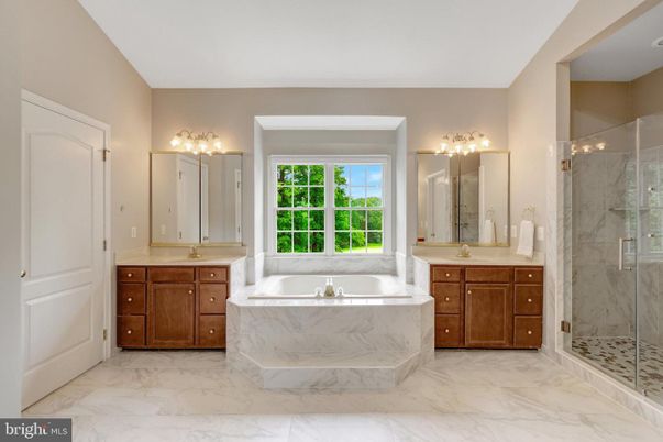 Bathroom, Dual Sink Vanities, Glass Shower, Interior, Marble, Marble Walls