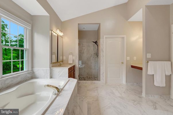 Bathroom, Dual Sink Vanities, Glass Shower, Interior, Marble, Marble Walls