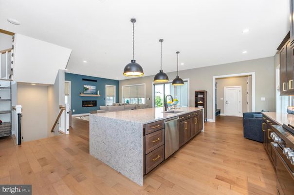 Fireplace, Interior, Kitchen, Pendant Lights, Recessed Lighting, Stainless Steel Appliances, Wood Texture Flooring