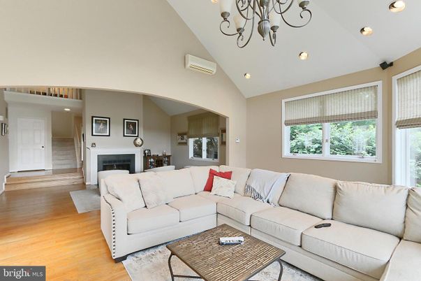 Chandelier, Fireplace, Interior, Living room, Recessed Lighting, Wood Texture Flooring