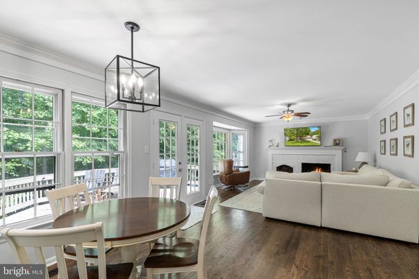 Dining room, Fireplace, Interior, Living room, Pendant Lights, Wood Texture Flooring
